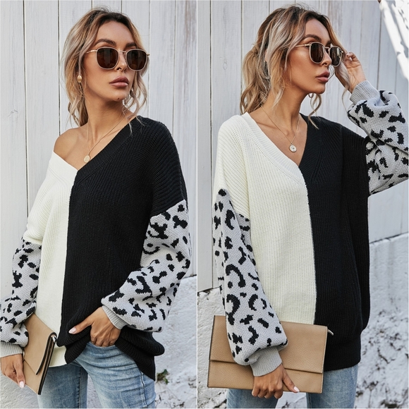 Harmony In Nature Sweaters - Melody Leopard Colorblock Sweater  - White/Black